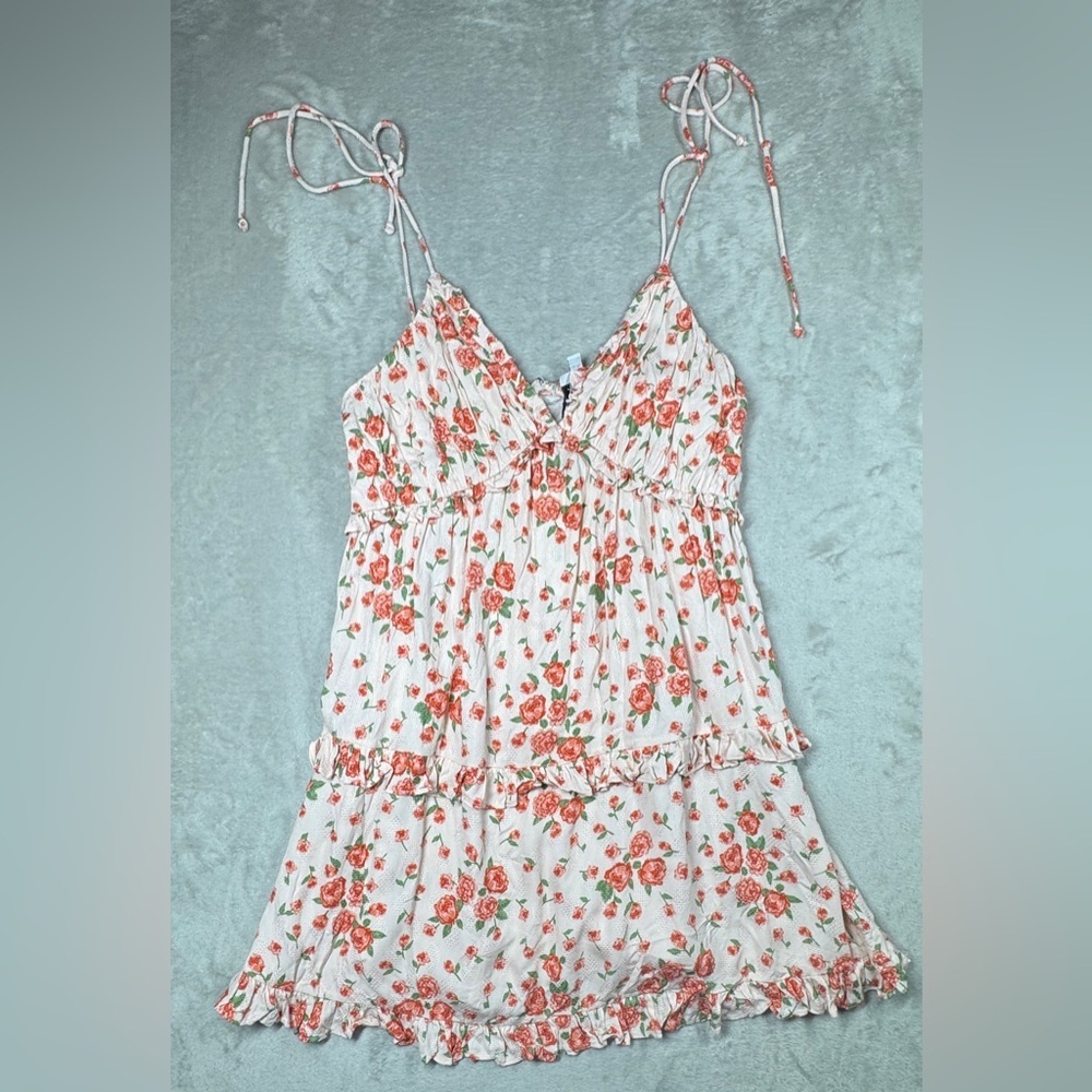 NWT Sky To Moon Pink Rose Floral Sleeveless Ruffle Babydoll Boho Mini Dress L